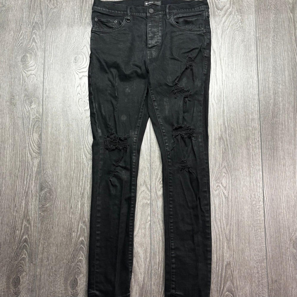 Purple Brand P001 Mens Black Distressed Skinny Jeans Size 32 Low Rise Raw Hem